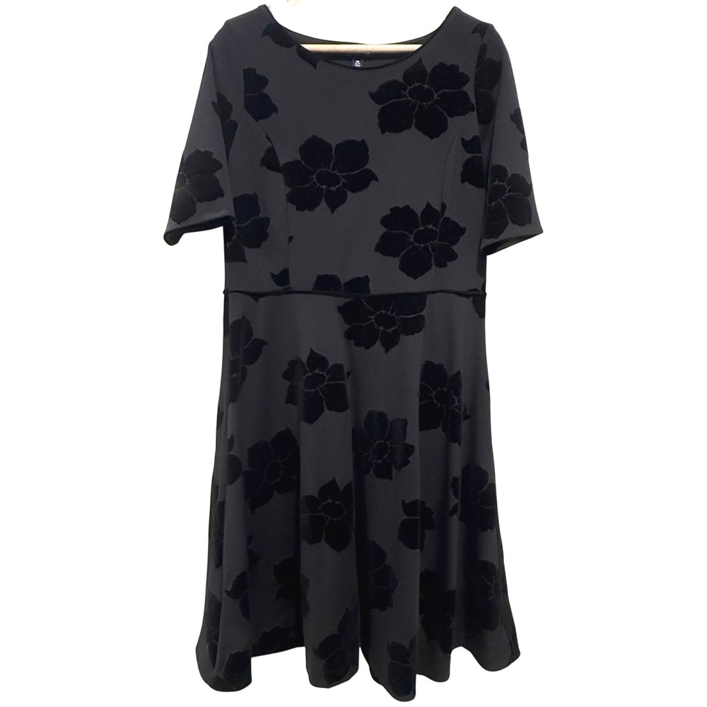 Lands End Fit Flare Dress Womens M 10-12 Black Velvet Burnout Floral Excellent